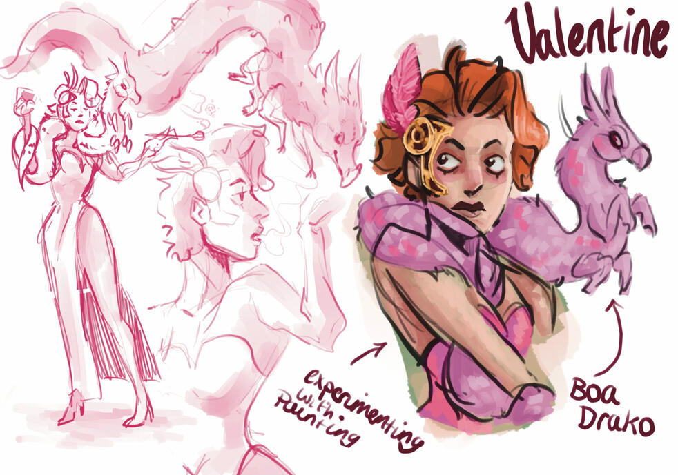 A piece of work designing a speakeasy singer with her living feather boa classified as a Boa Drako.